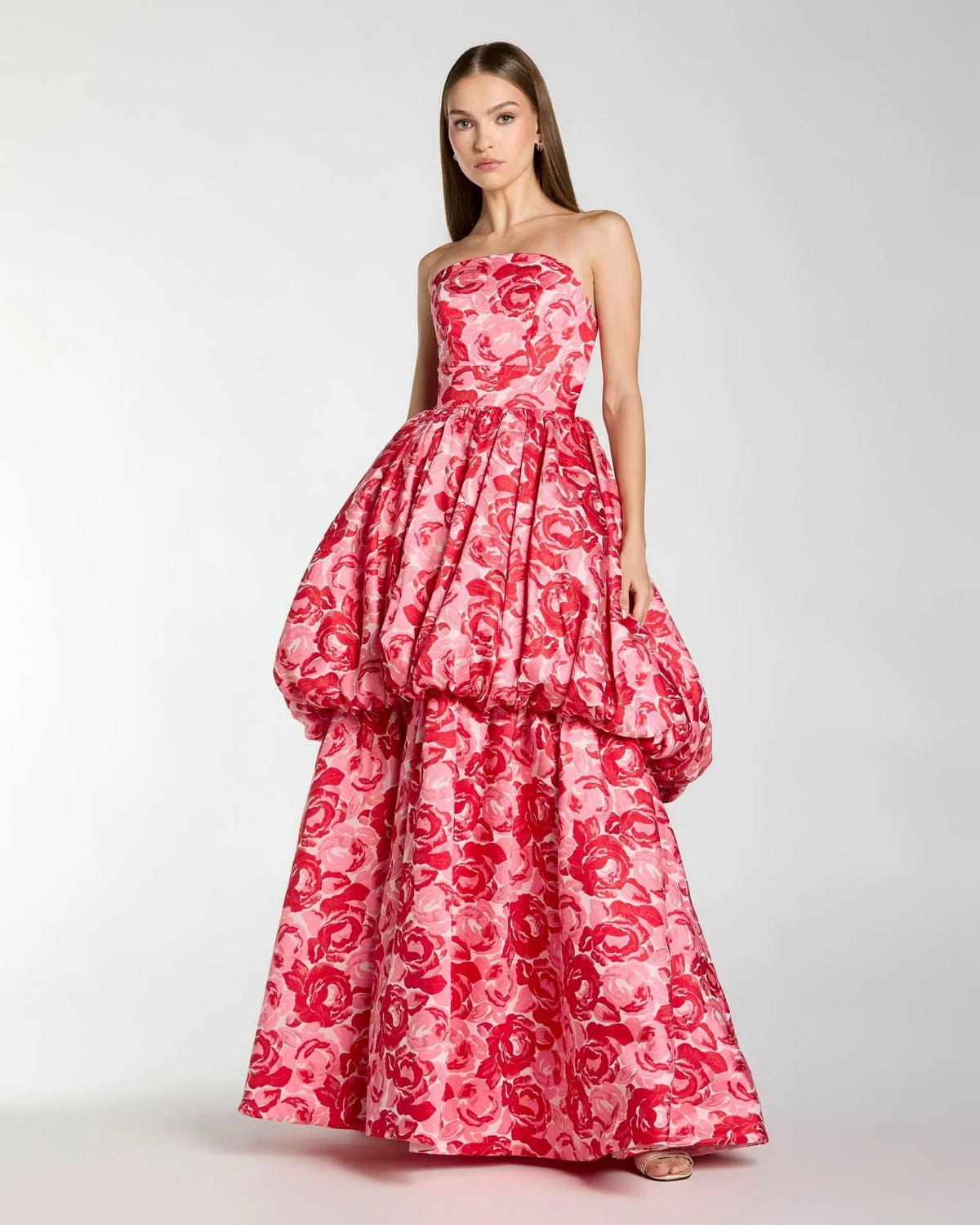 Pink Floral Brocade Strapless Bubble Hem Ball Gown