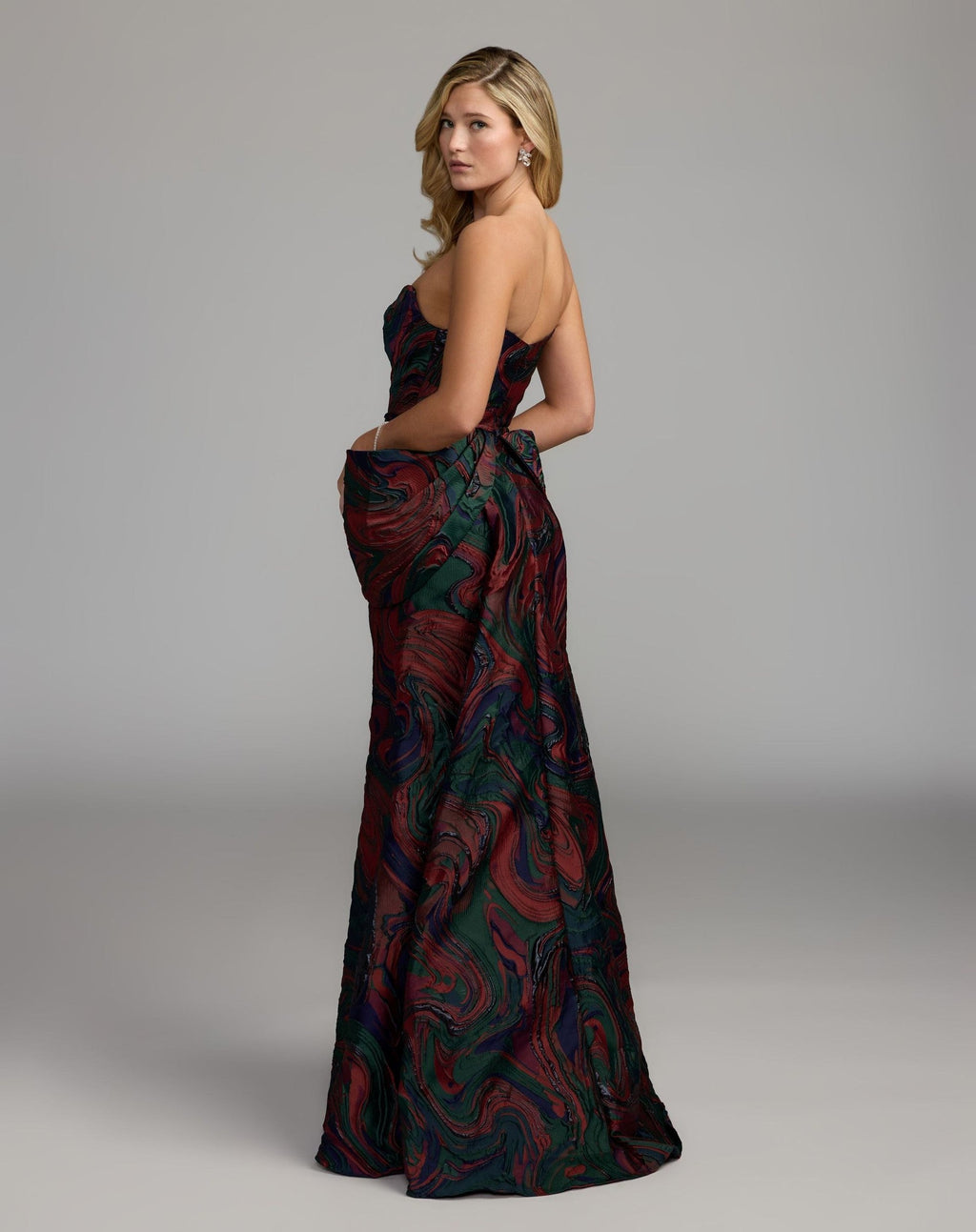 Multi Swirl Strapless Brocade Mermaid Gown With Bow Detail