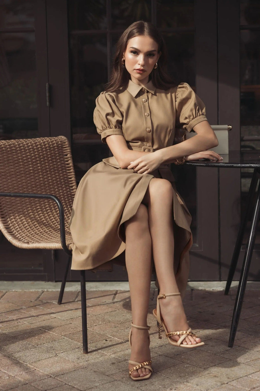 Taupe Puff Sleeve Belted Midi Shirt Dress