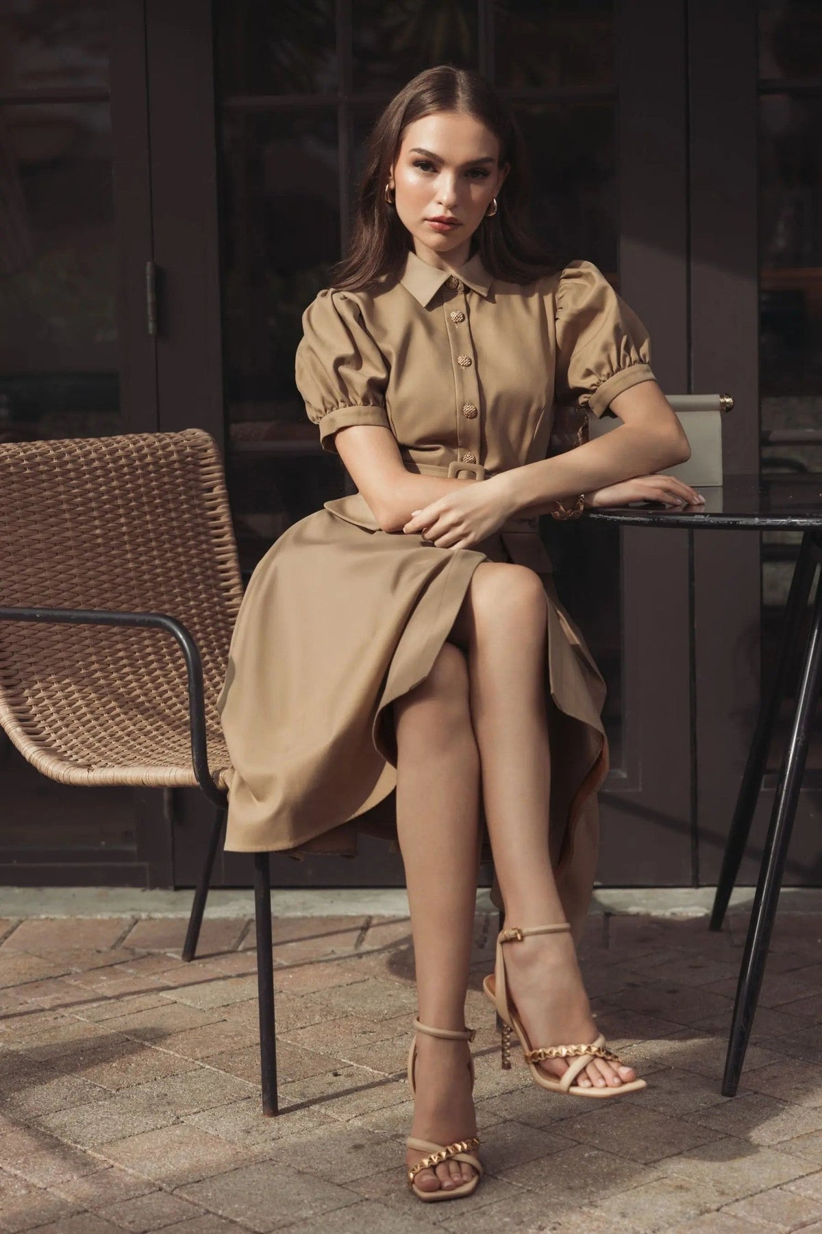 Taupe Puff Sleeve Belted Midi Shirt Dress