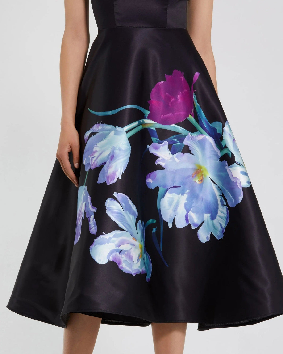 Petite Black Multi Satin Cap Sleeve Midi Dress With Floral Print