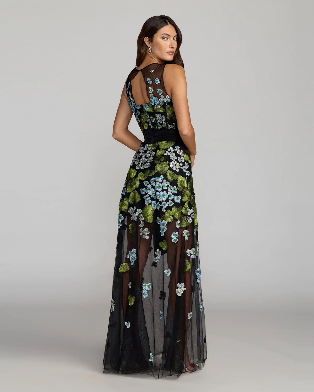 Blue Multi Floral Embroidered Corset Gown With Bow