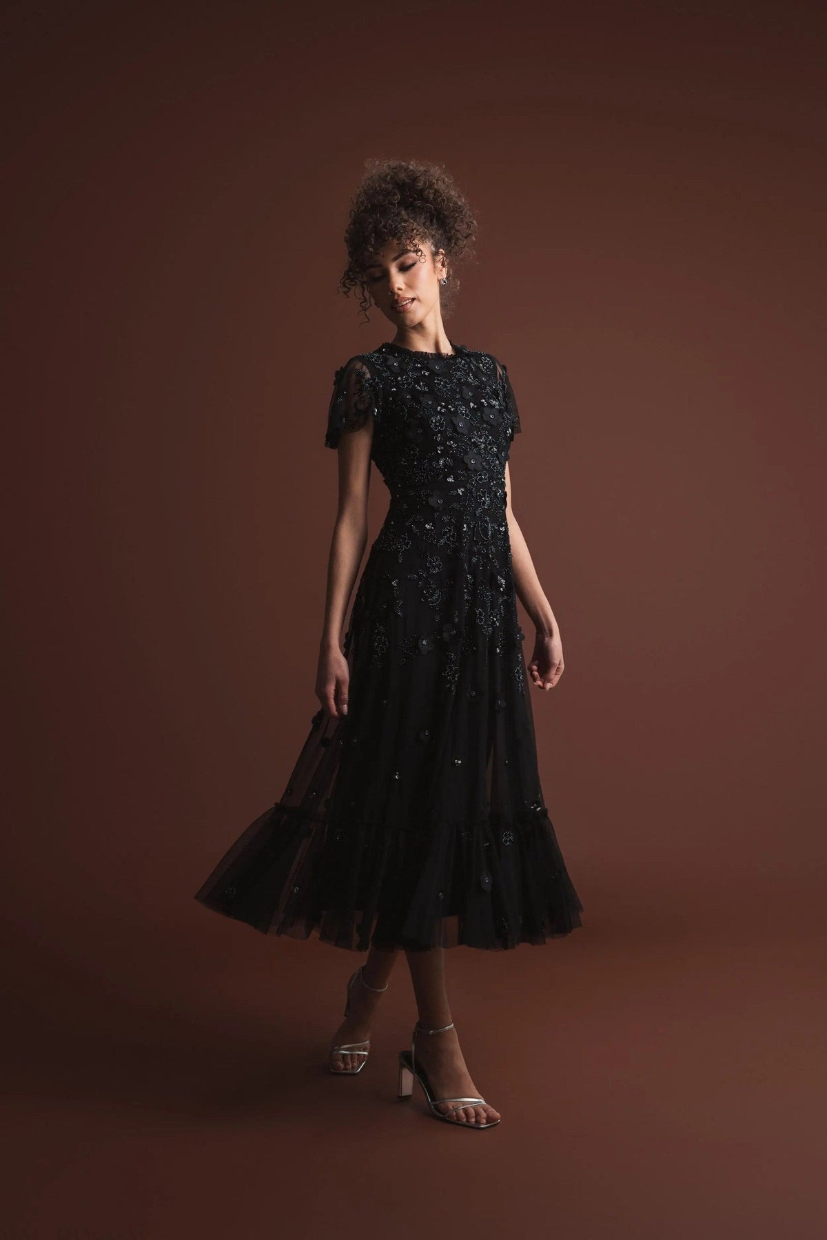 Black Embellished High Neck Flutter Sleeve A Line Dress