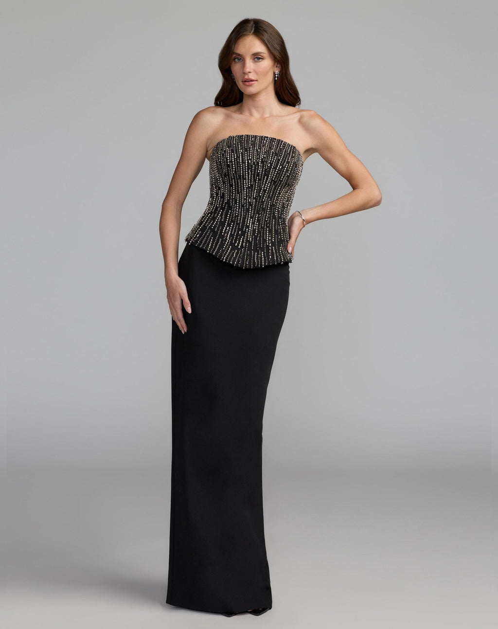 Black Embellished Crepe Strapless Column Gown