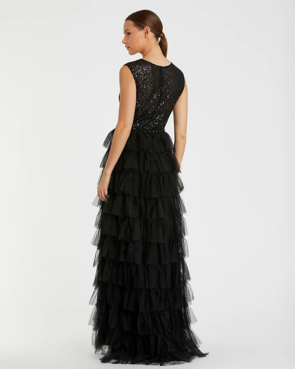 Black Ruffle Tiered High Neck Sequined Gown