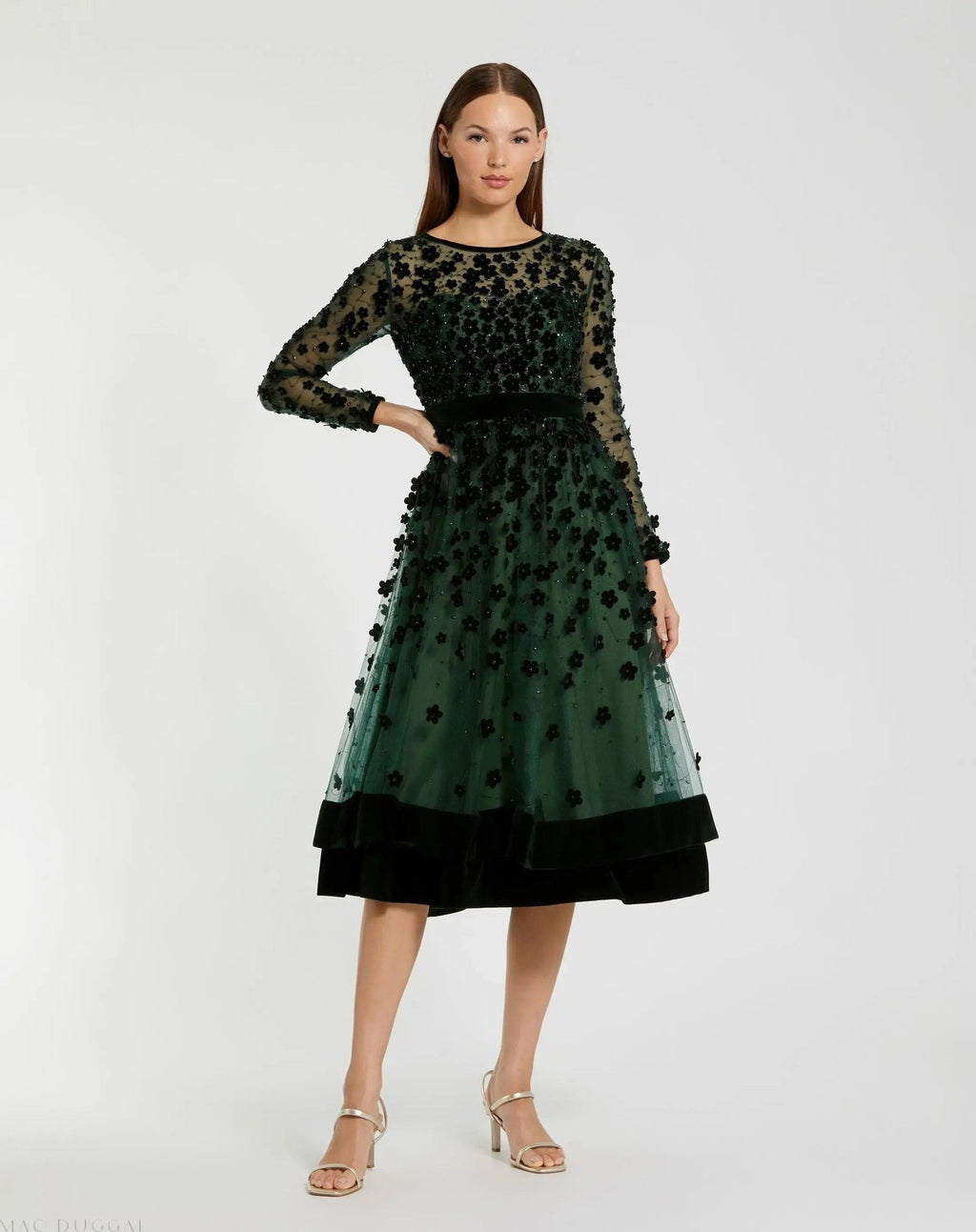 Green Embellished Long Sleeve Velvet Trim A-Line Midi Dress