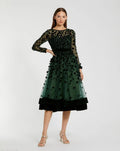Green Embellished Long Sleeve Velvet Trim A-Line Midi Dress
