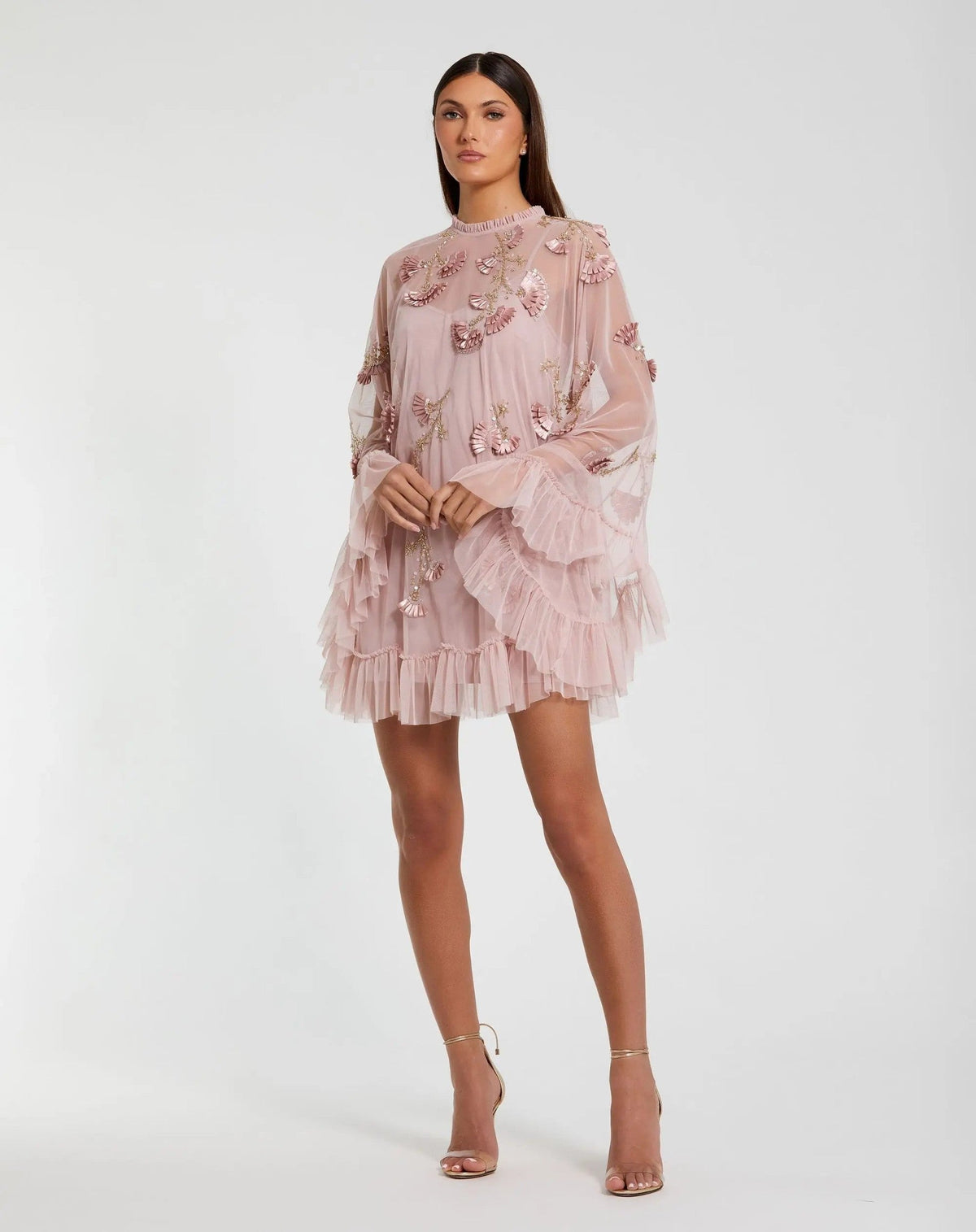 Embellished Long Sleeve Trapeze Dress with Ruffle Hem