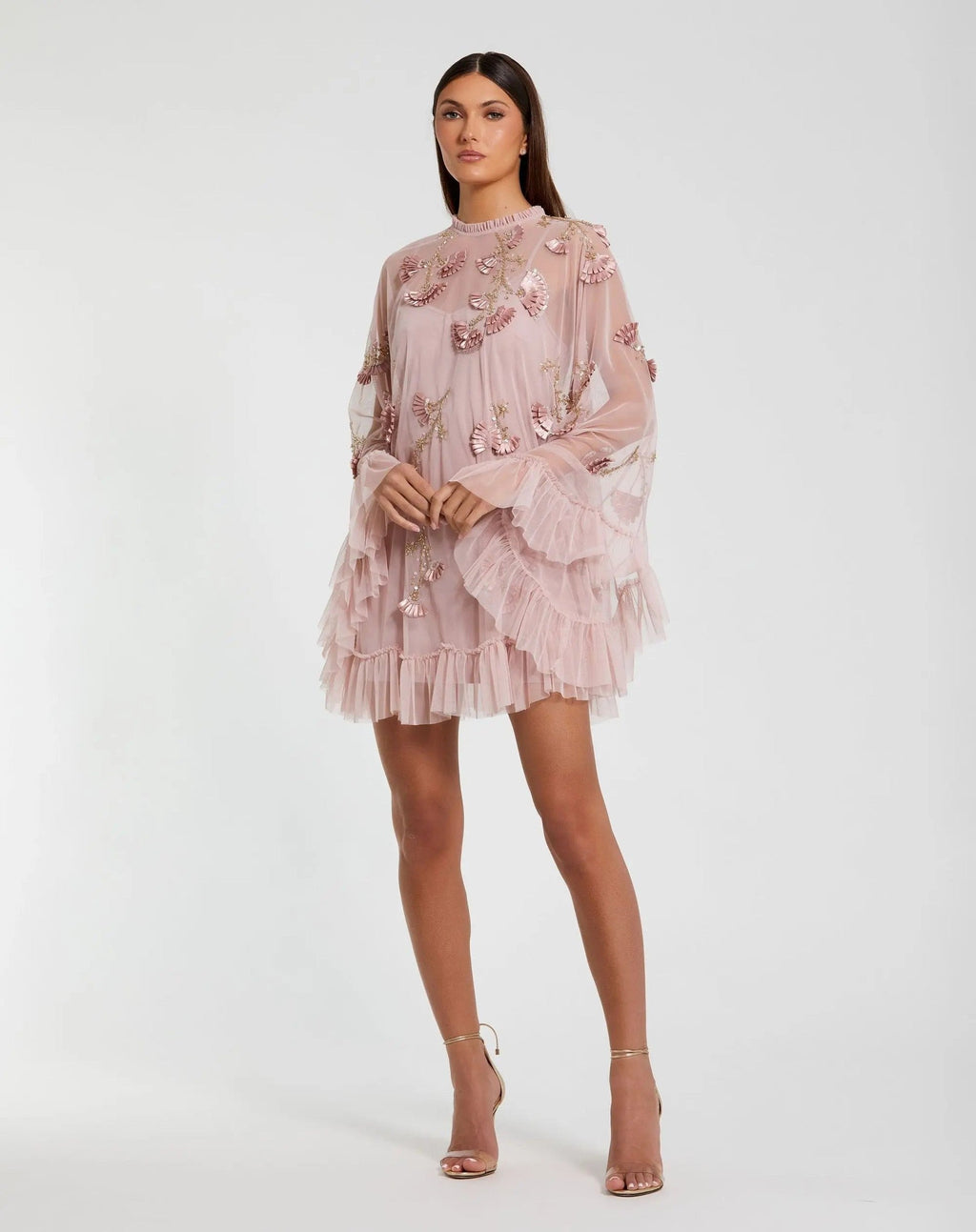 Pink Embellished Long Sleeve Trapeze Dress with Ruffle Hem