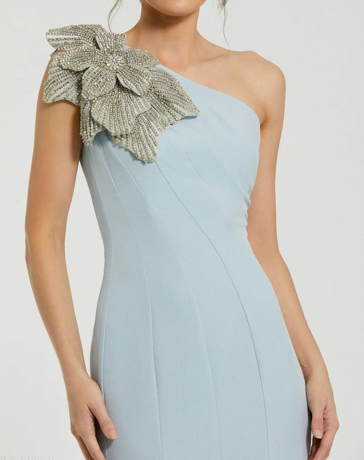 Powder Blue One Shoulder Trumpet Gown With Crystal Flower