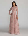 Pink Embellished Long Sleeve Evening Gown