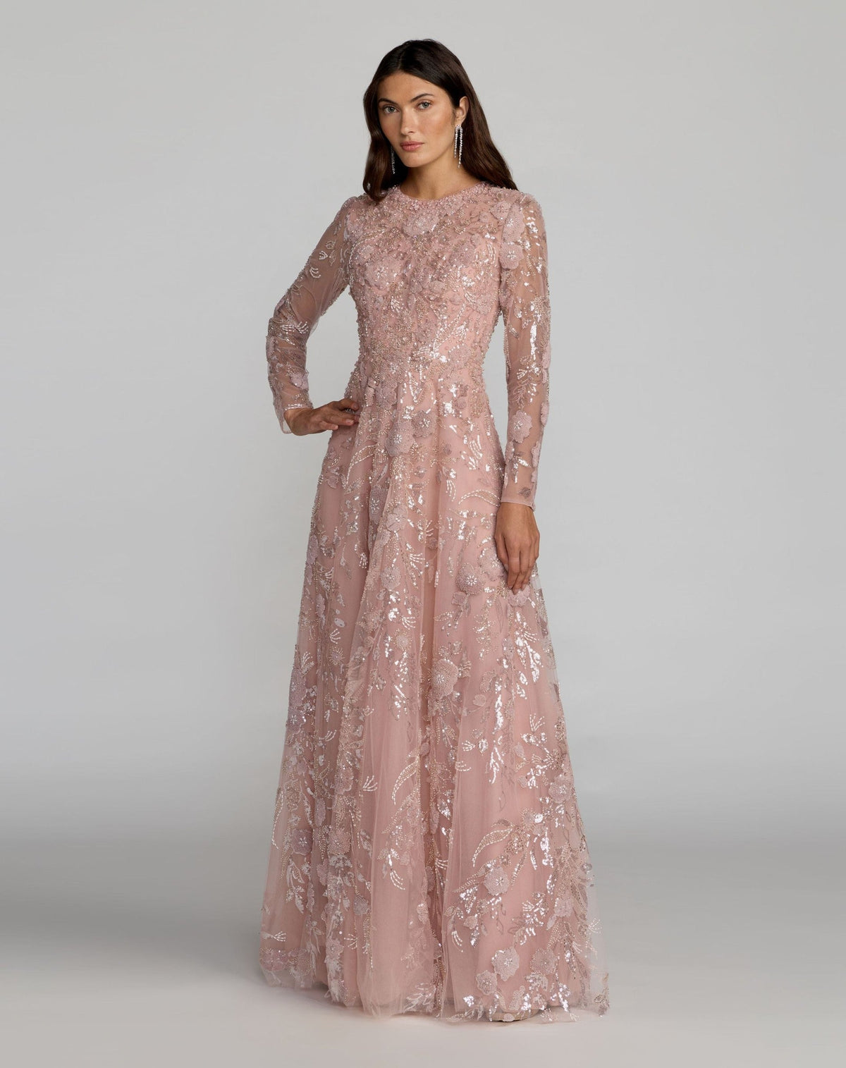 Pink Embellished Long Sleeve Evening Gown