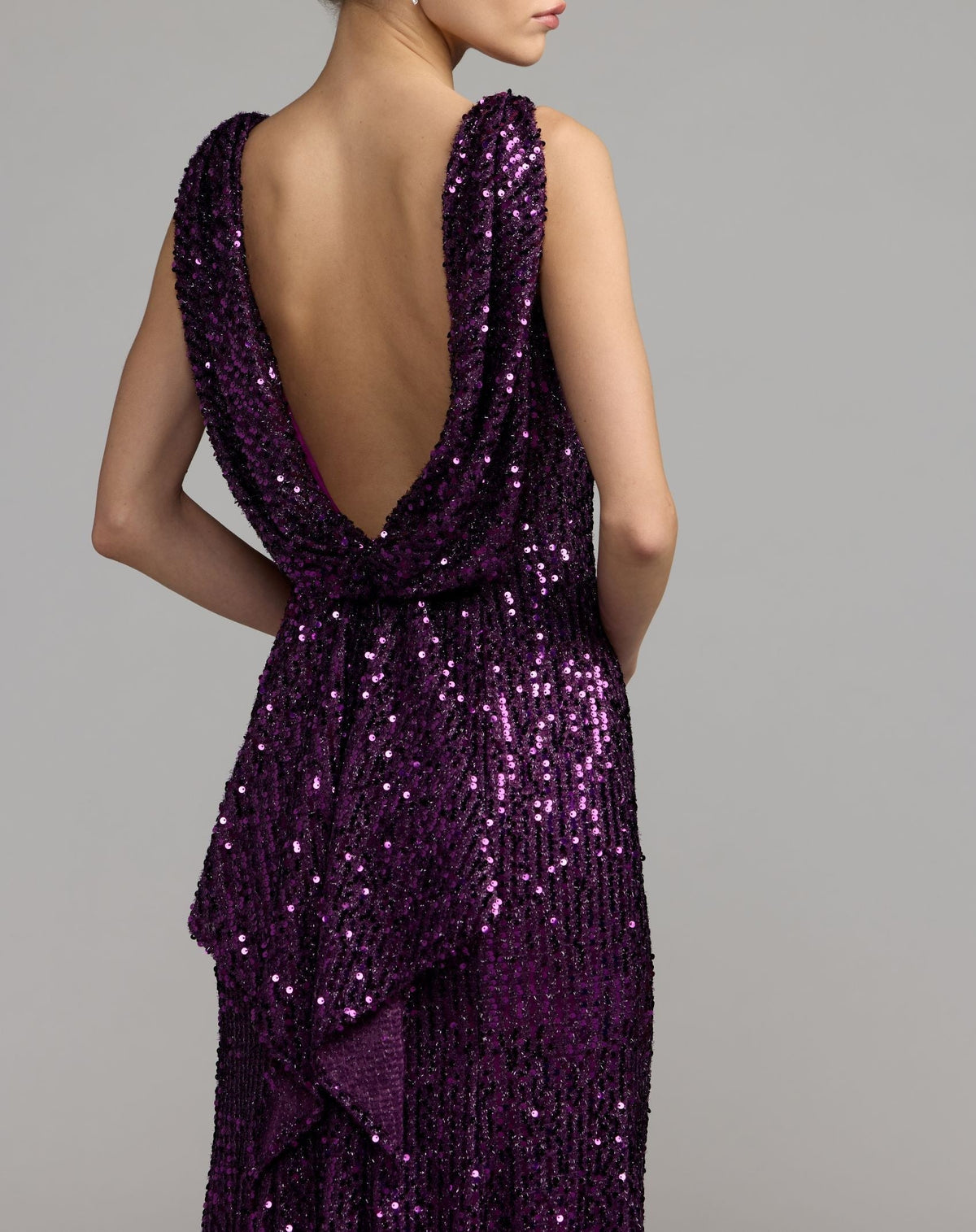 Plum Sleeveless Cowl Back Sequin Evening Gown