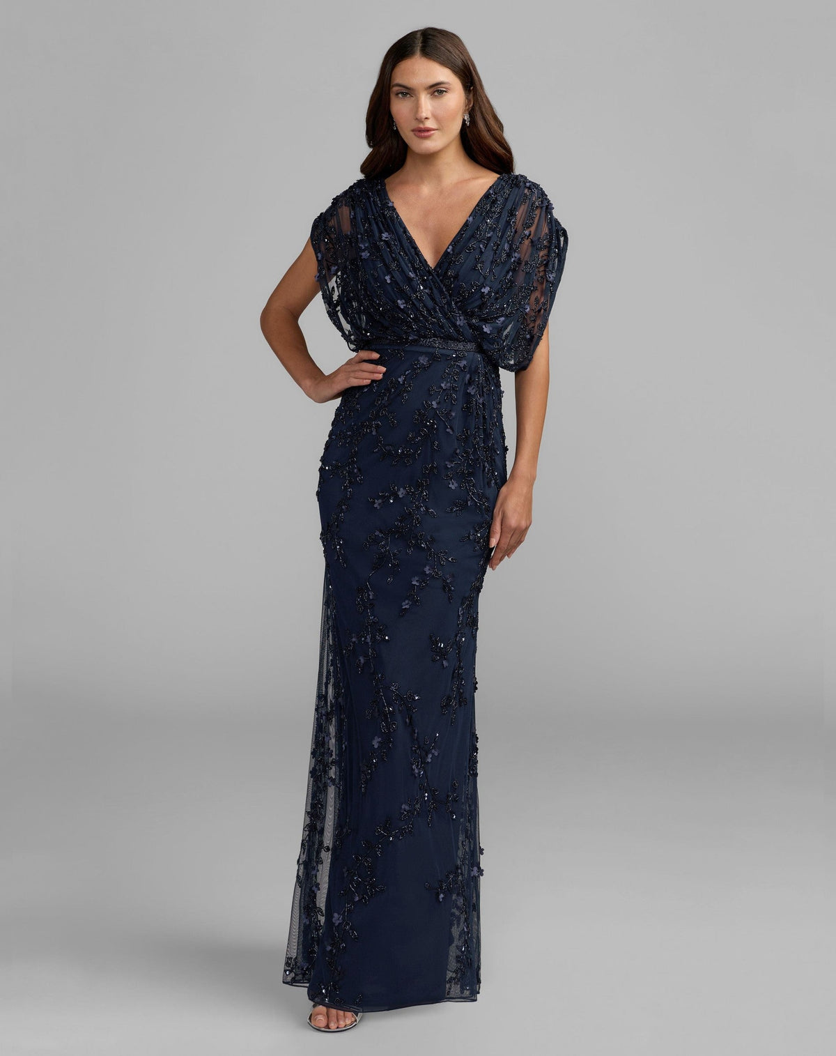 Navy Beaded V-Neck Short Sleeve Blouson Gown