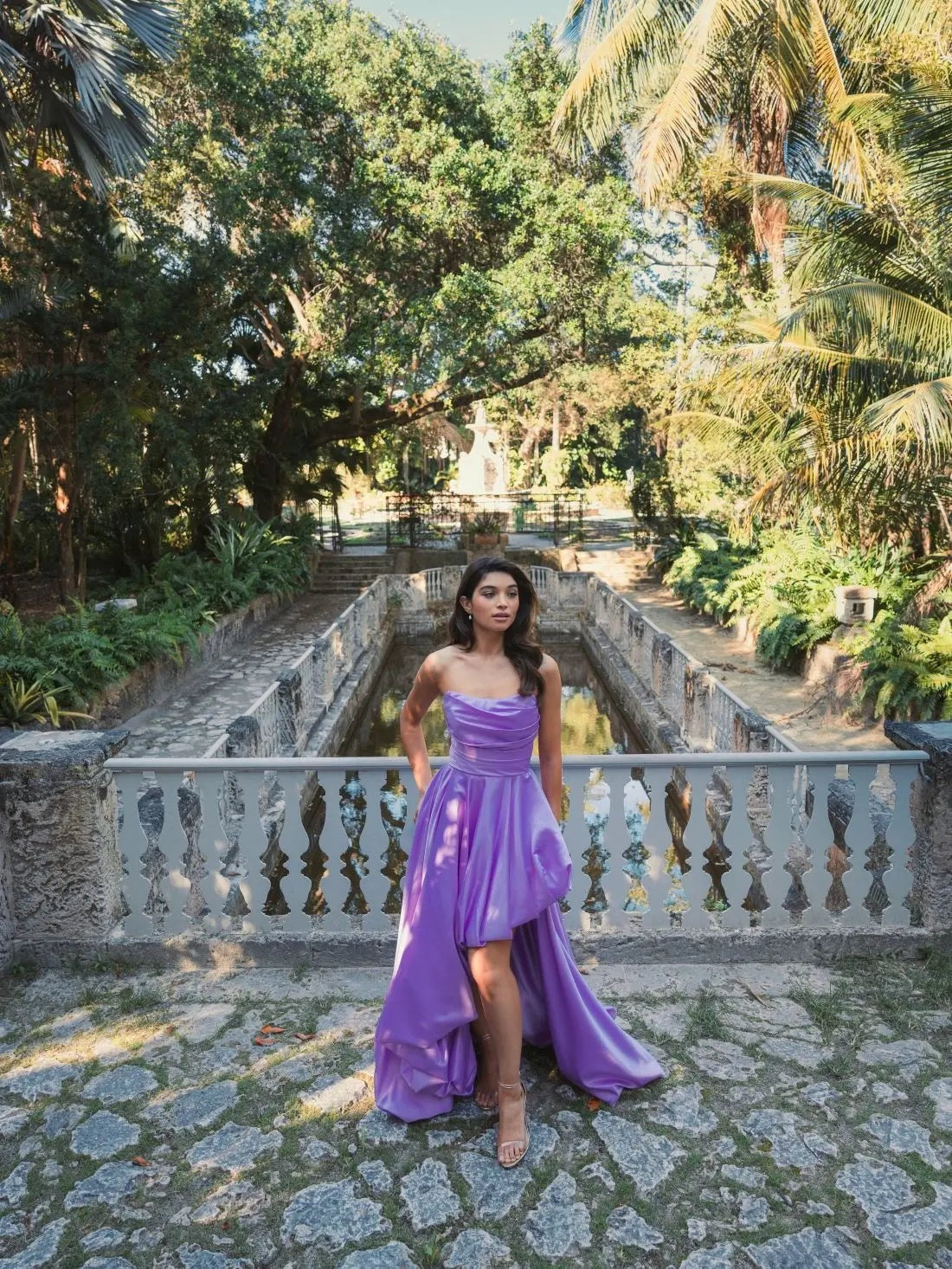 Purple Strapless Ruched High Low Gown