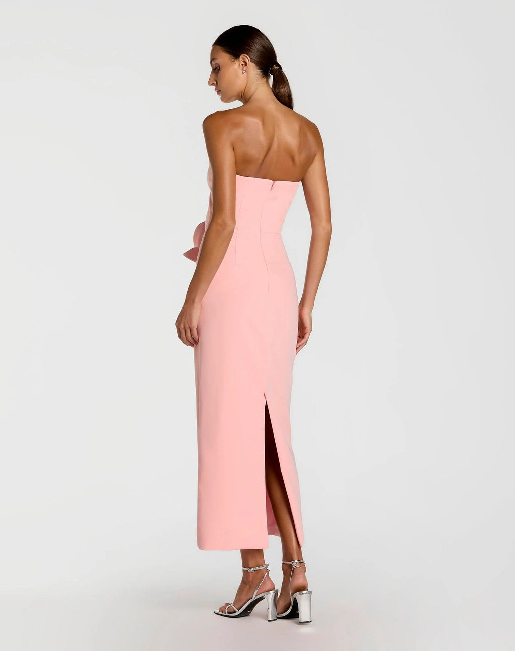 Pink Strapless Crepe Dress With 3D Satin Flowers