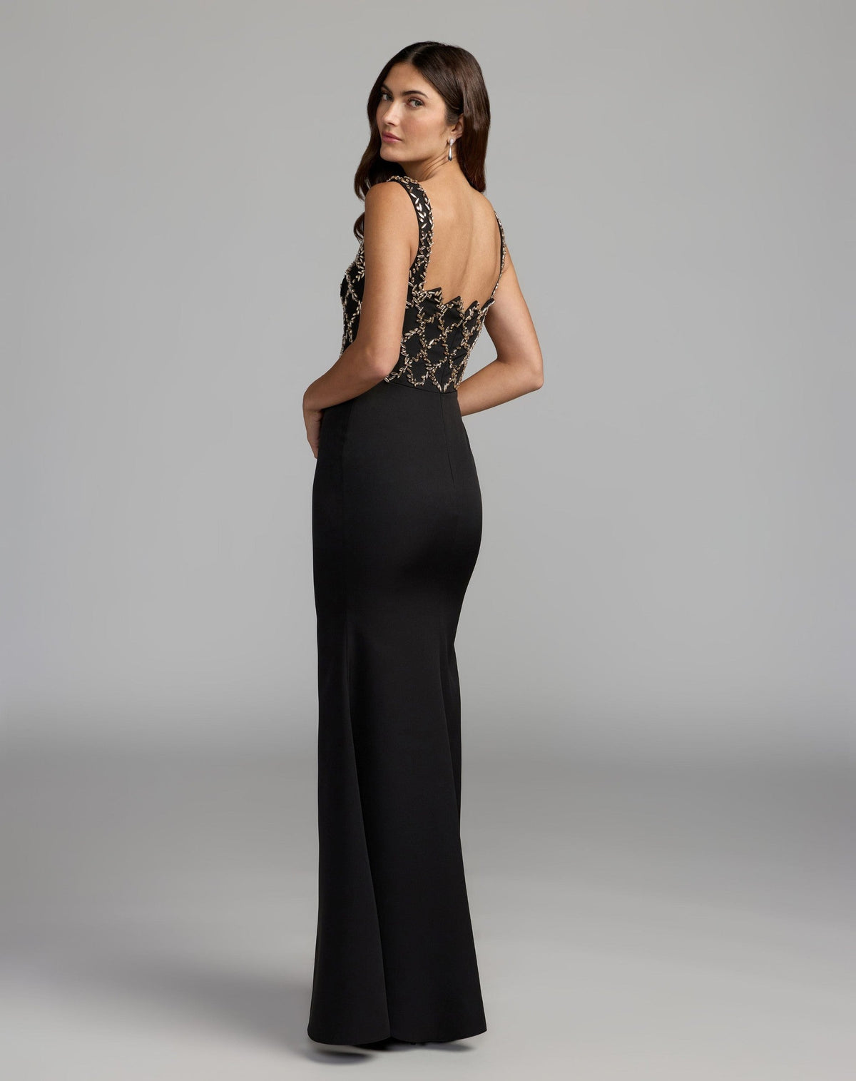 Black Gold Embellished Square Neck Column Gown