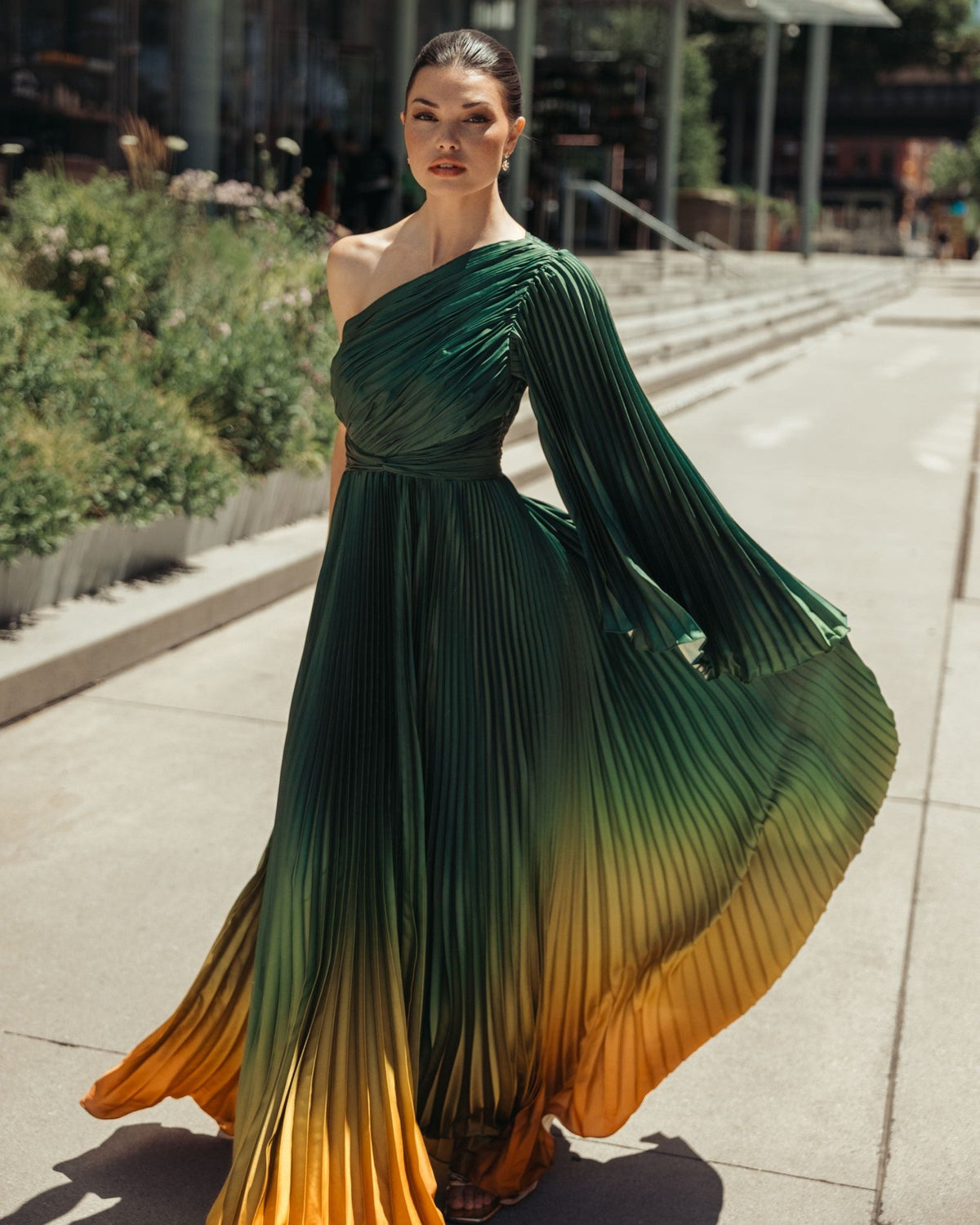 Green Ombre Pleated Charmeuse One Shoulder Ombre Gown