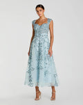 Blue Floral Embroidered Sweetheart Neckline Midi Dress
