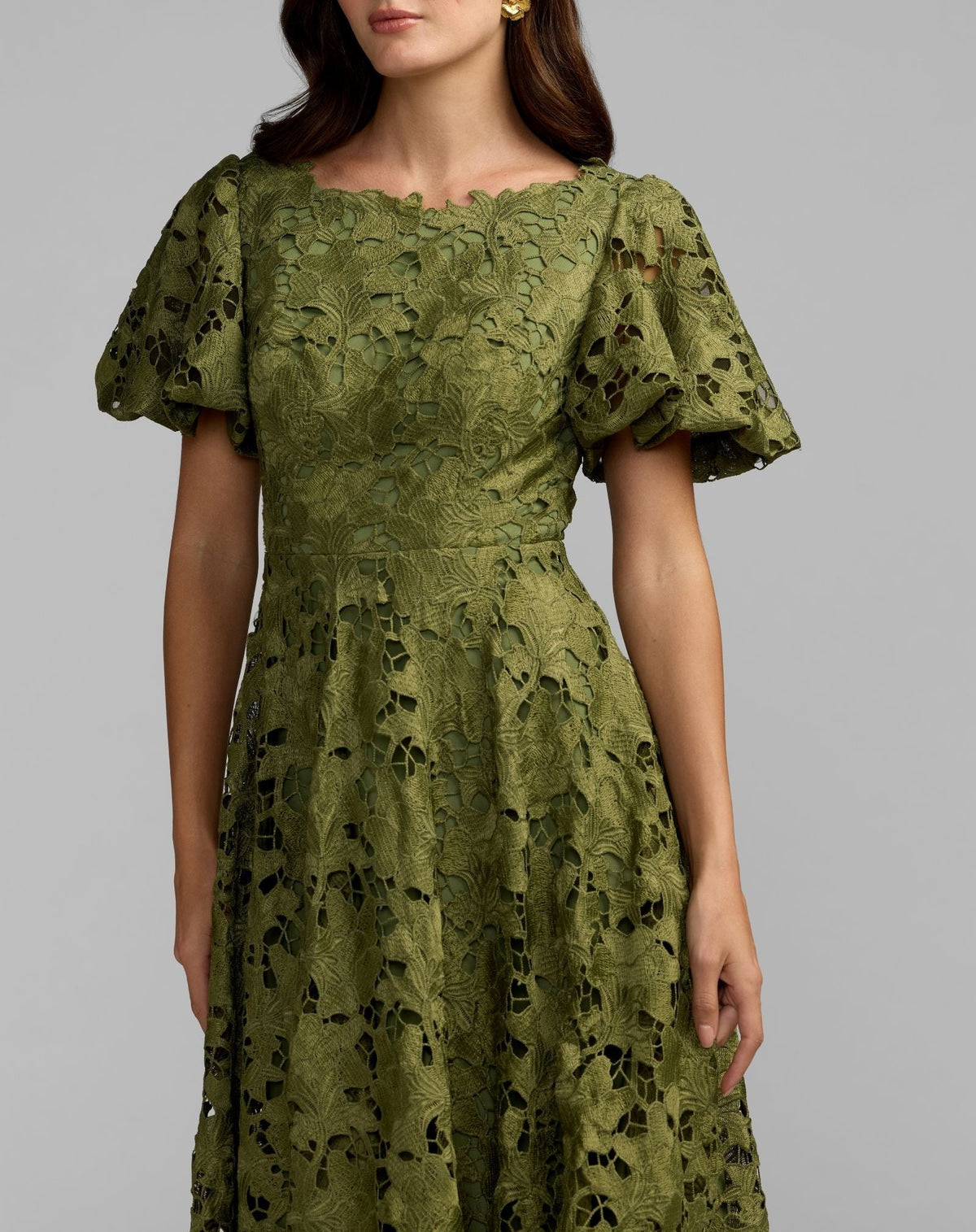Olive Floral Lace Flutter Sleeve Midi Dress