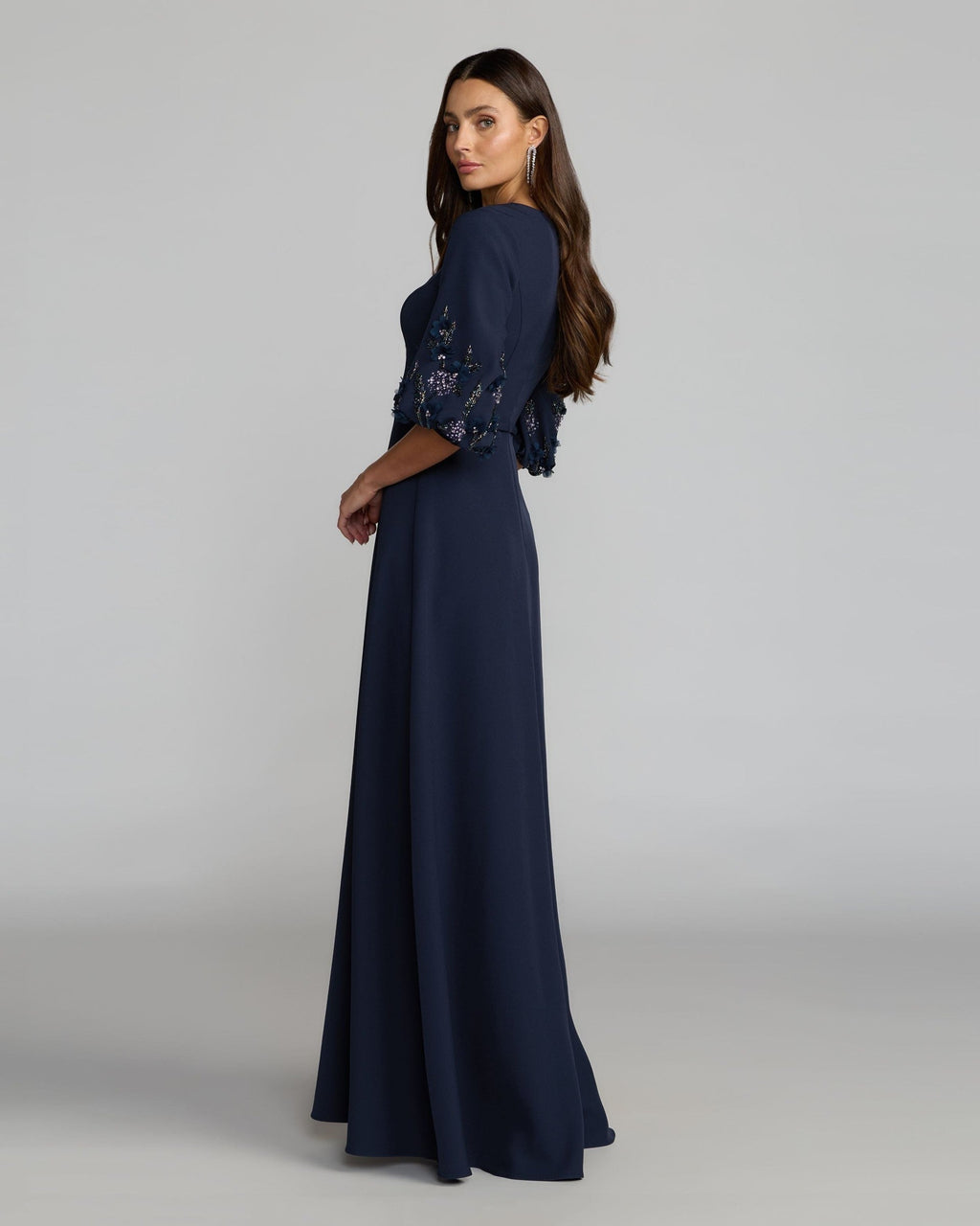Midnight Multi Crepe A Line Gown with Embellished Puff Sleeves
