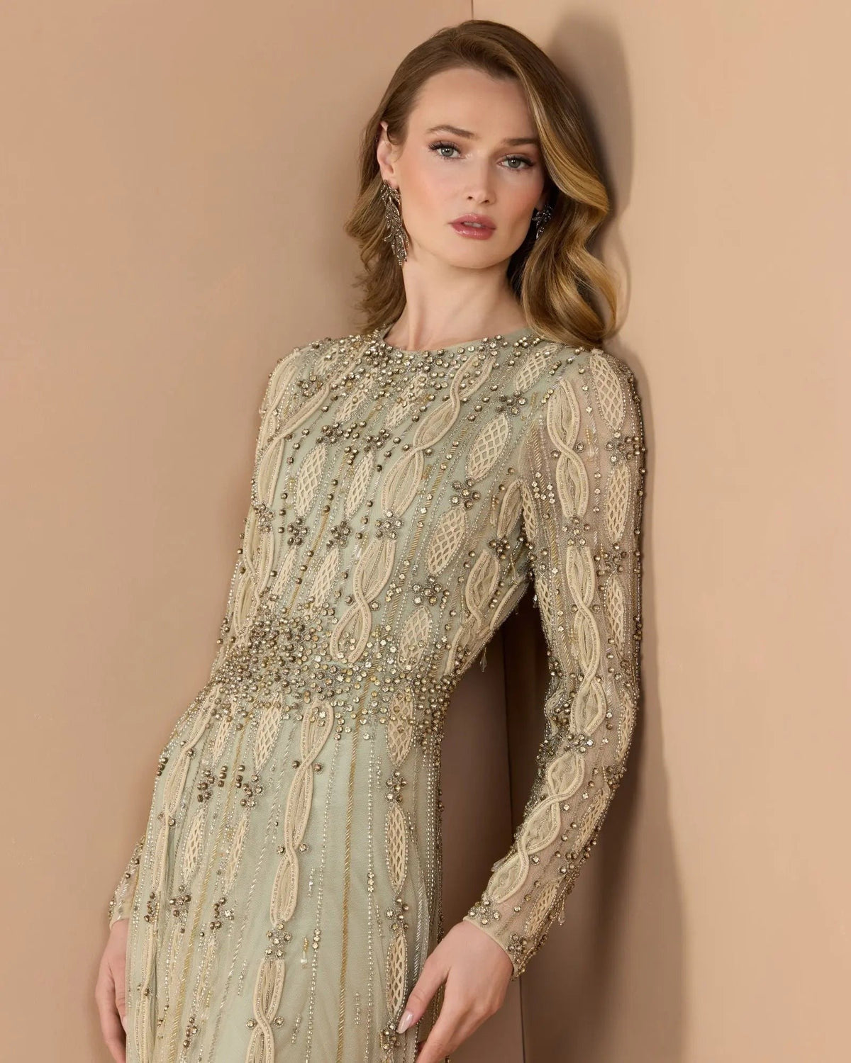 Nude Sage Embellished Long Sleeve A-Line Gown