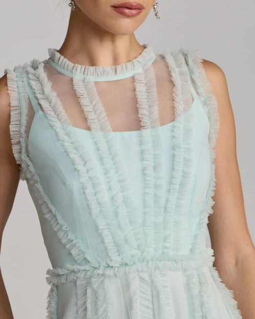 Aqua High Neck Sleeveless Micro Ruffle Mini Dress