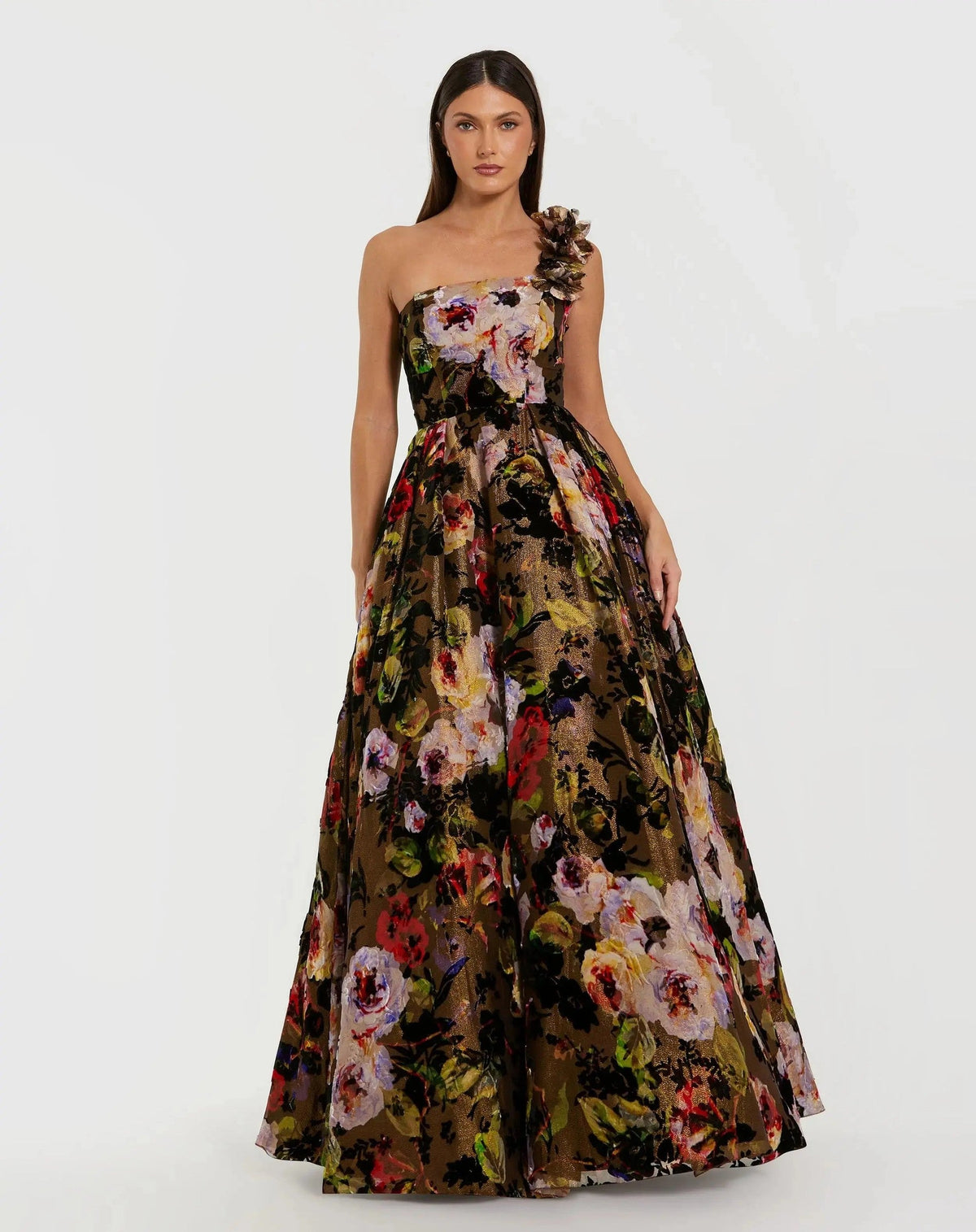 Black Multi Floral Velvet Ball Gown With Pockets