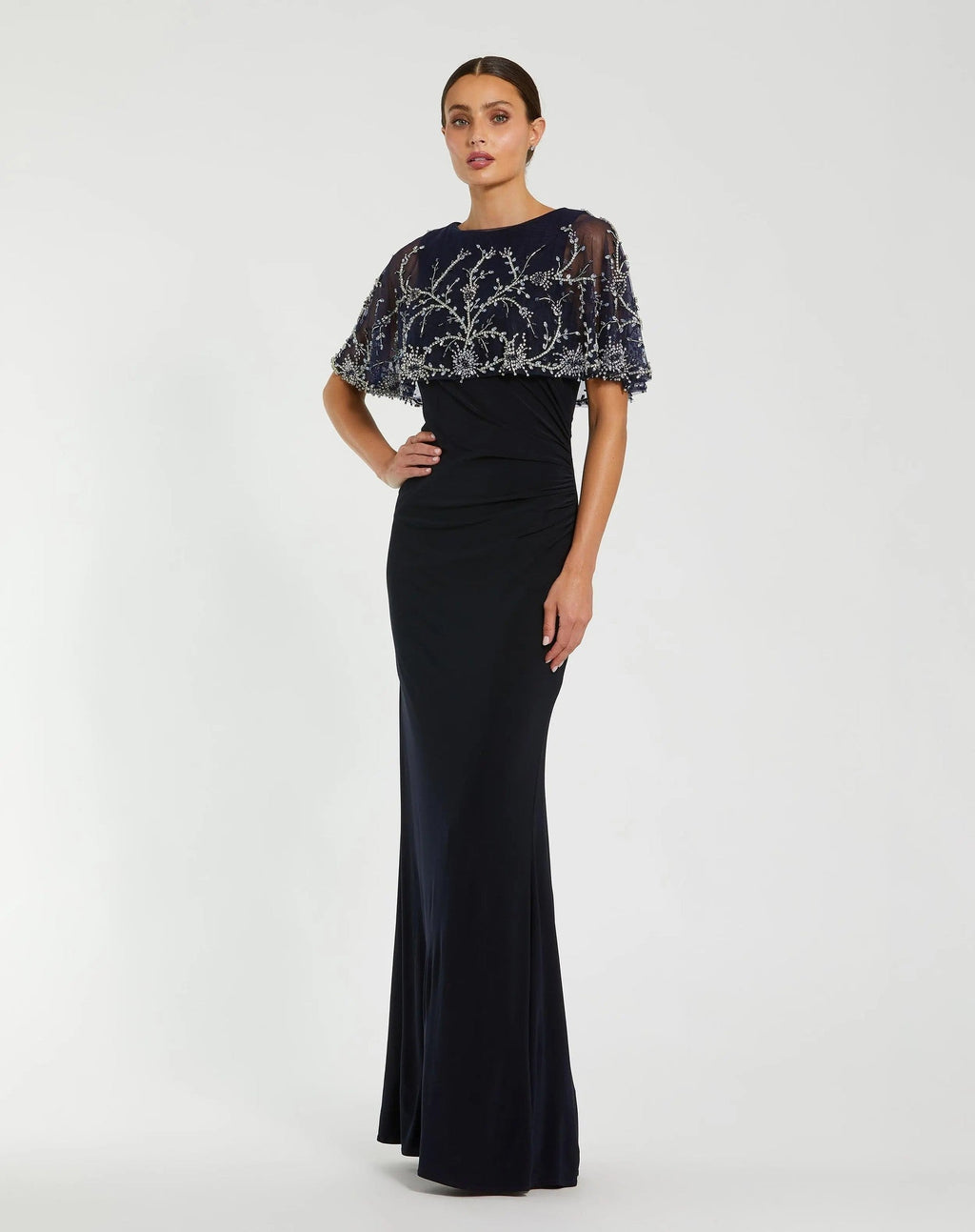 Navy Fitted Jersey Gown with Embellished Cape