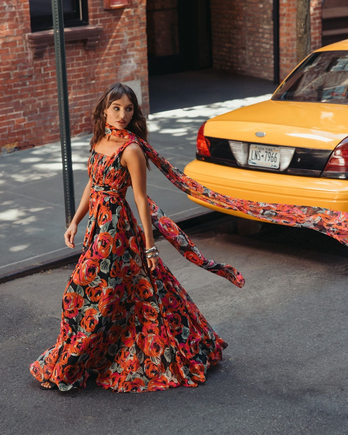Rose Floral Chiffon Gown With Scarf