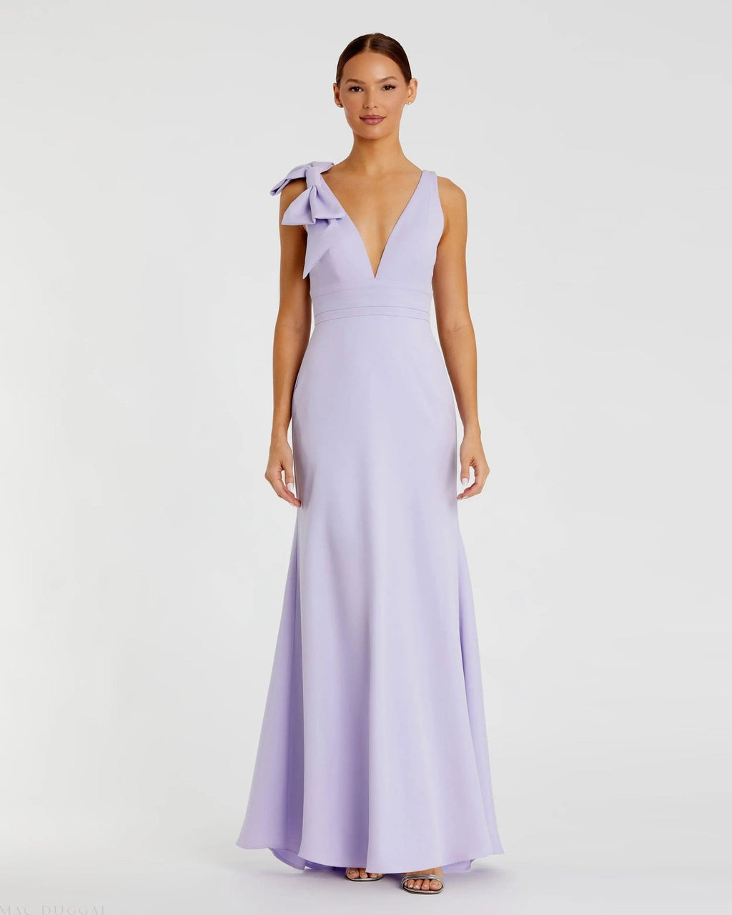 Lilac Sleeveless V Neck Bow Detail Mermaid Gown