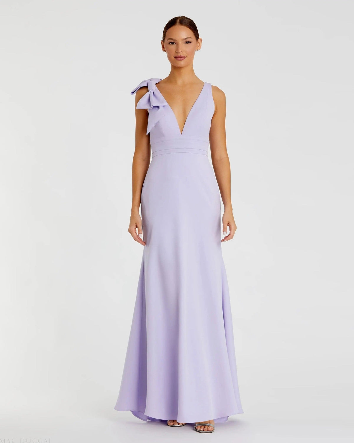 Lilac Sleeveless V Neck Bow Detail Mermaid Gown
