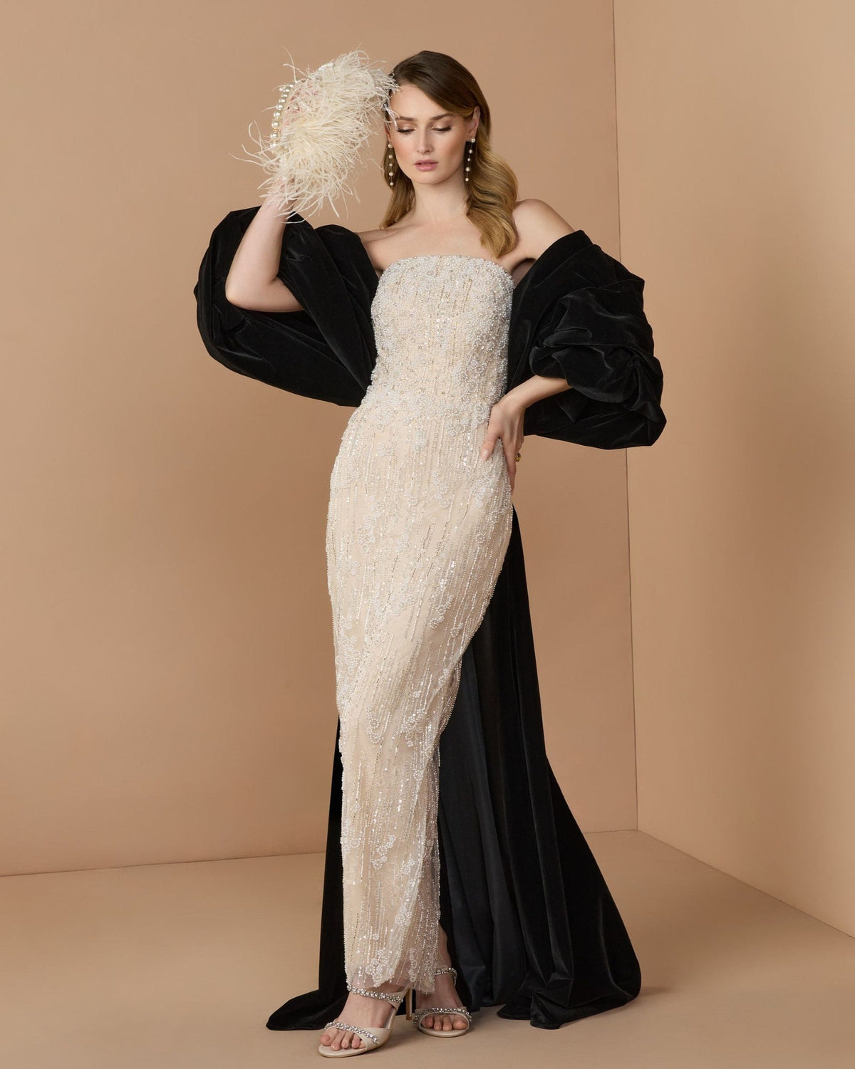 Black Cream Strapless Embellished Dress With Velvet Bow