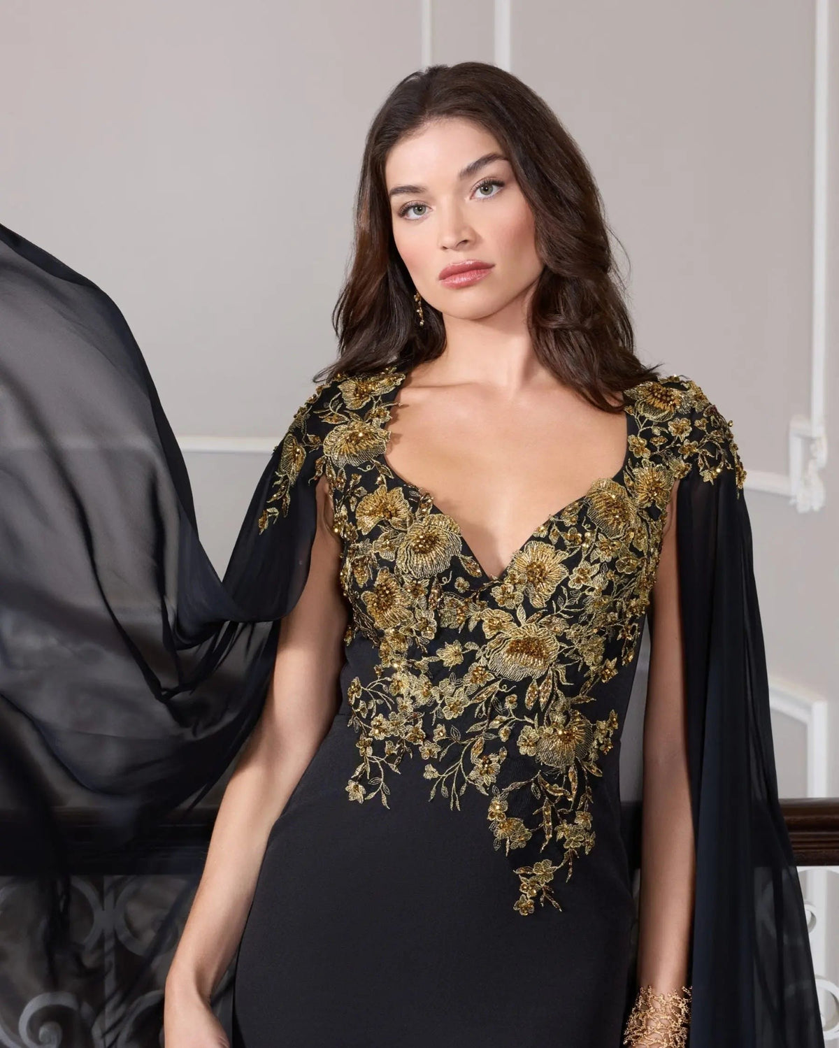 Black Gold Embellished Column Gown with Chiffon Cape Sleeves