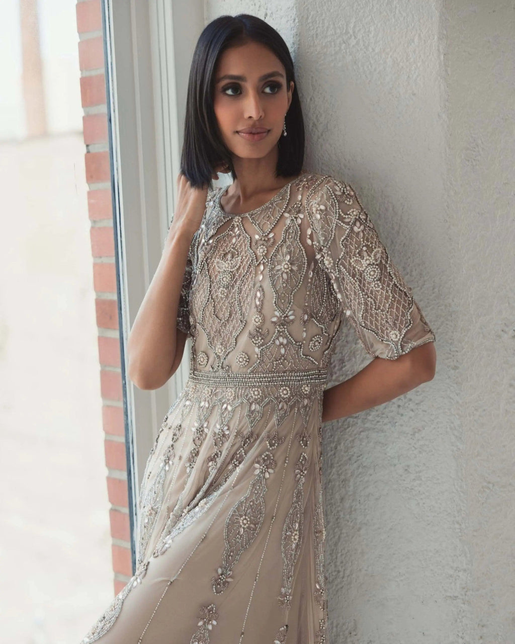 Vintage Lilac 3/4 Sleeve Embellished A-line Gown