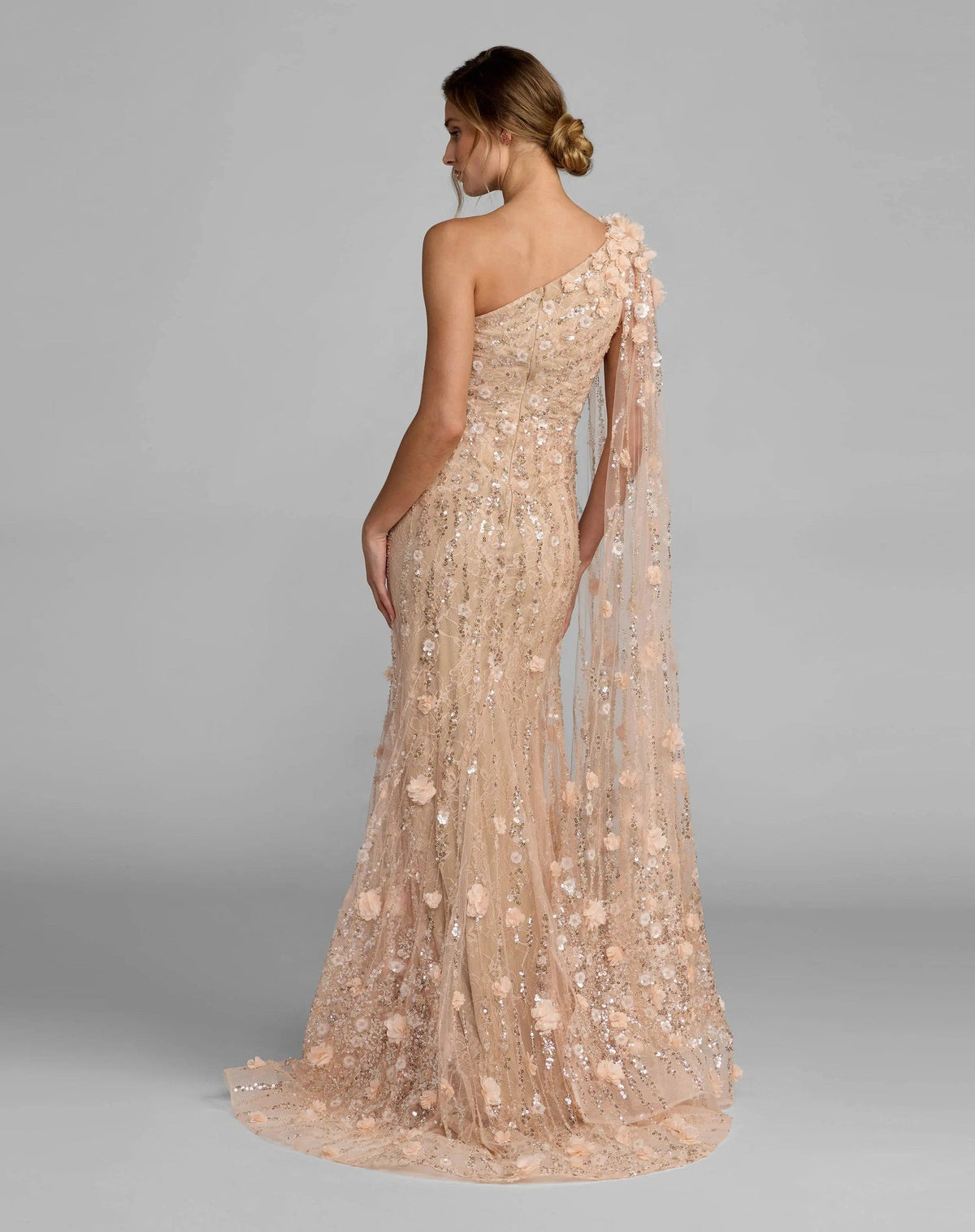 Porcelain One Shoulder Embellished Gown With Cape Sleeve