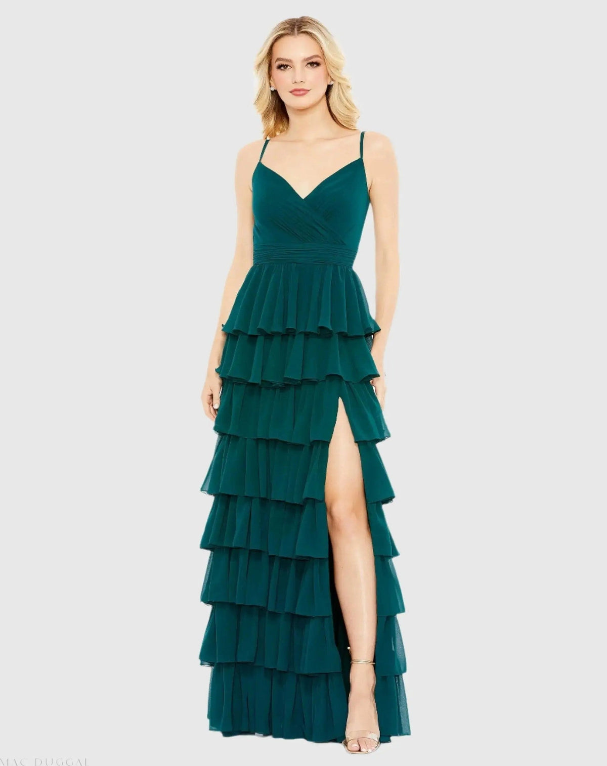 V-Neck Sleeveless Gown with Ruffled Skirt