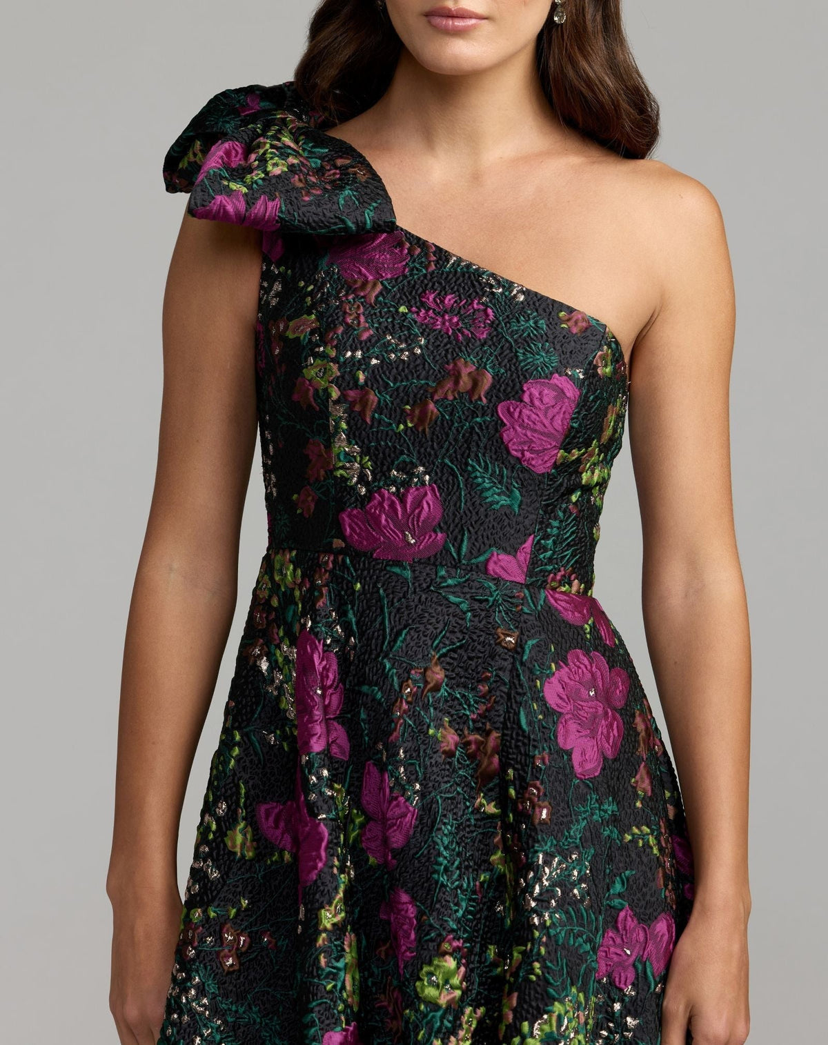 Black One Shoulder Brocade Floral Gown With Bow