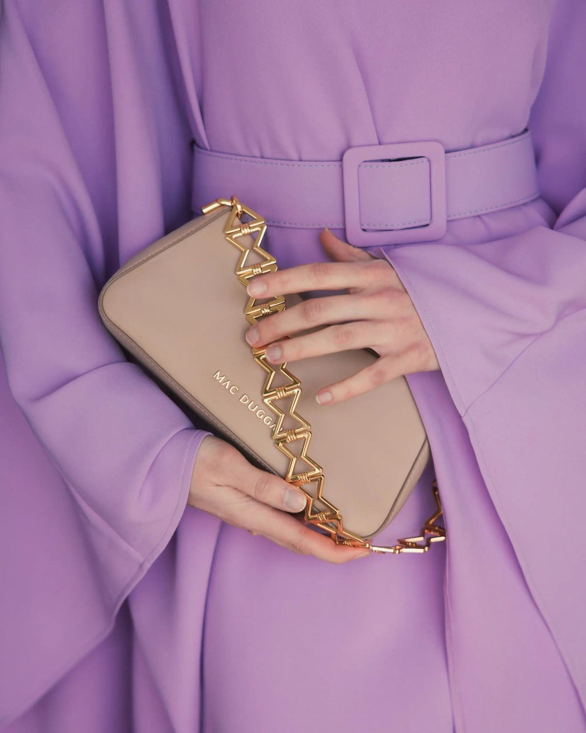 Beige Small Leather Shoulder Bag with Gold Chain