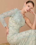 Seafoam One Shoulder Embellished Gown With Floral Accent