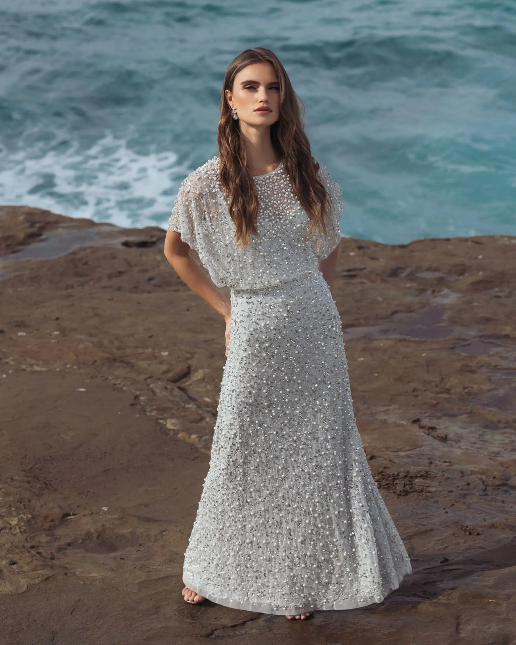 Powder Blue High Neck Short Sleeve Embellished Gown