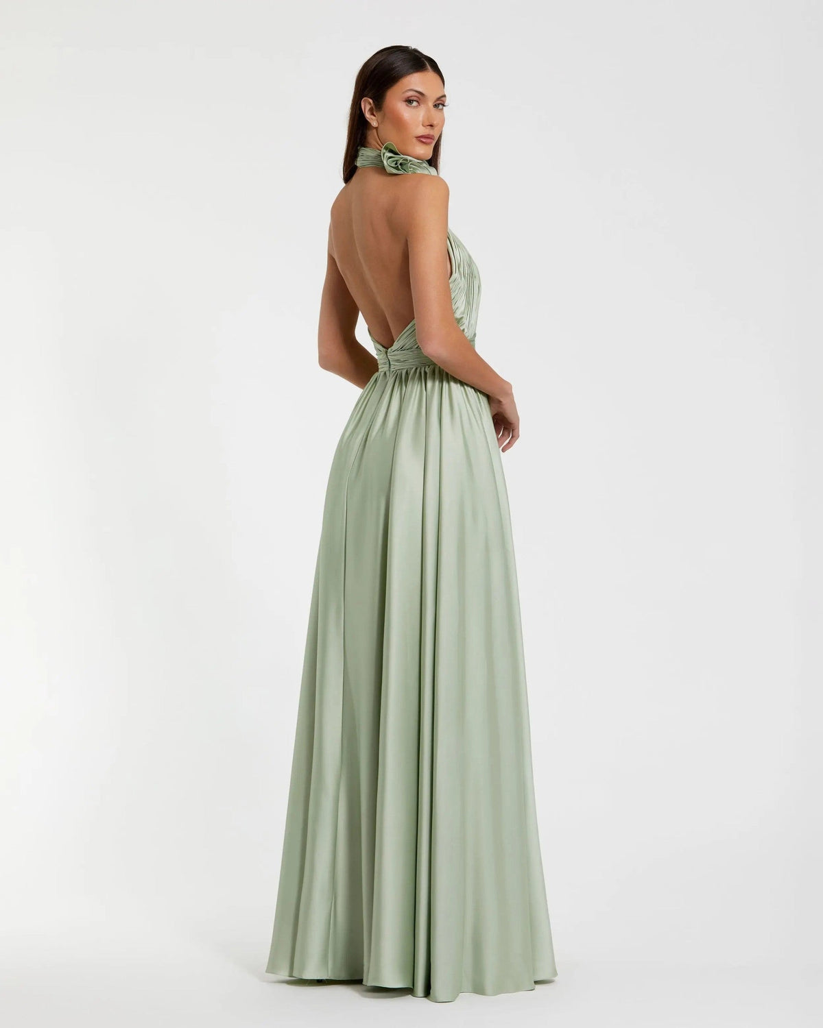 Sage Halter Neck Open Back Satin Gown With Slit