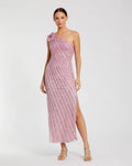 Pink One Shoulder Beaded Mesh Dress With Flower