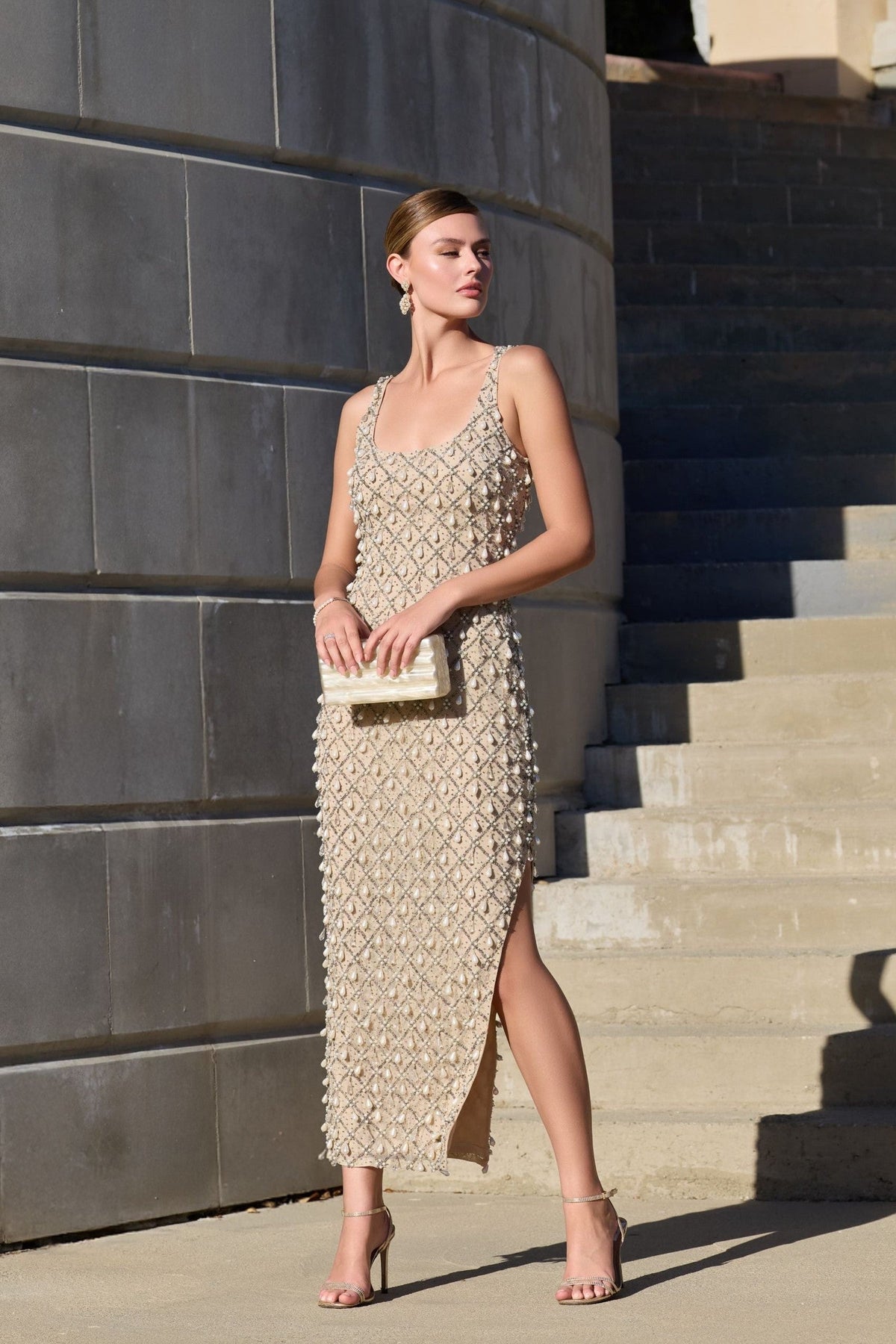 Nude Silver Pearl Embellished Scoop Neck Midi Dress