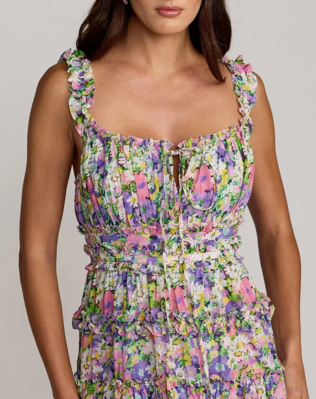 Multicolor Floral Tiered Cotton Midi Dress
