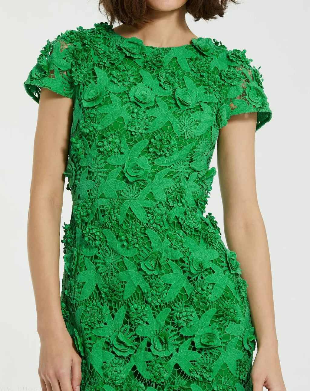 Green Floral Lace Fitted Short Sleeve Midi Dress
