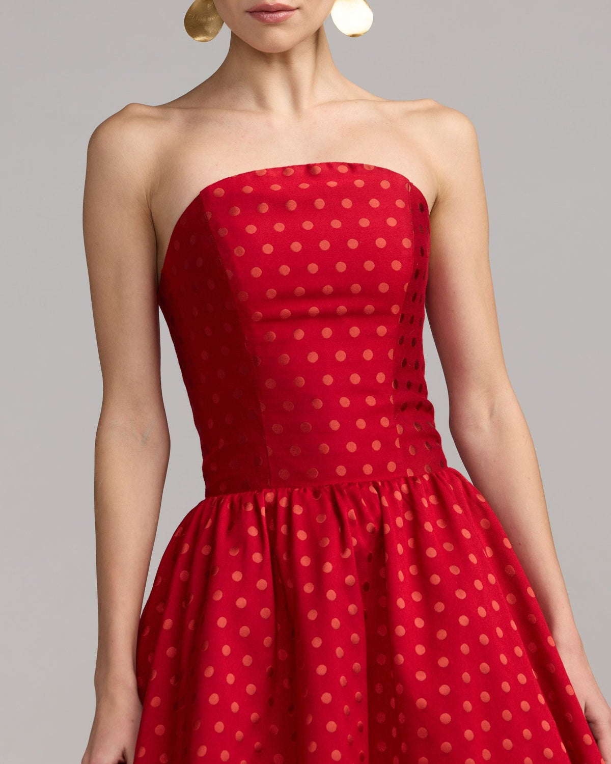 Red Multi Strapless Polka Dot Brocade Midi Dress