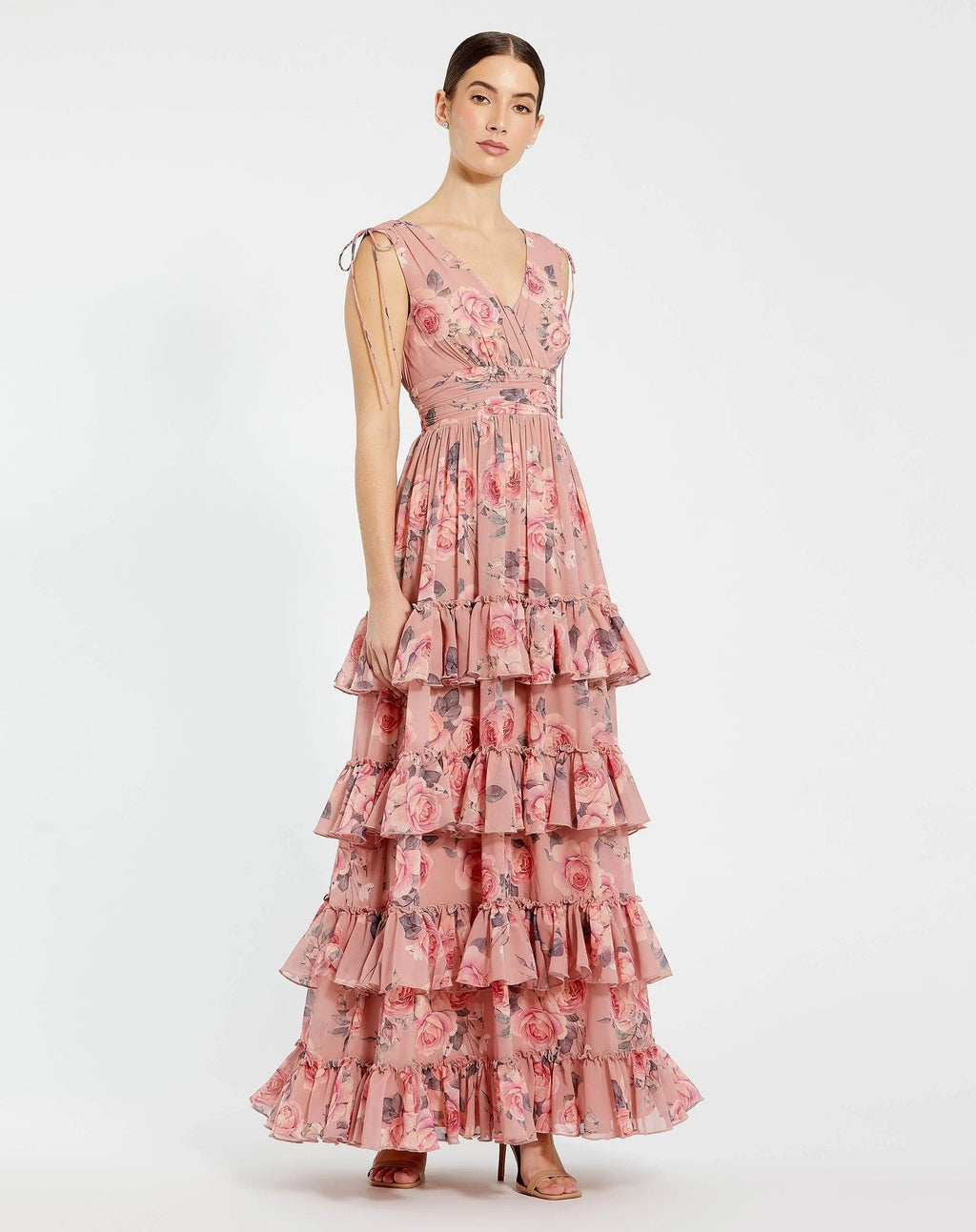Pink Drawstring Shoulder Chiffon Tiered Floral Dress