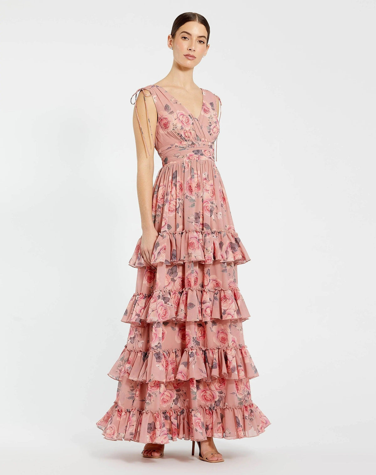 Pink Drawstring Shoulder Chiffon Tiered Floral Dress