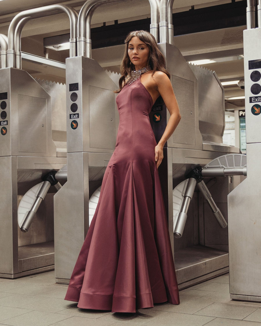 Deep Plum Satin Embellished Halter Mermaid Gown